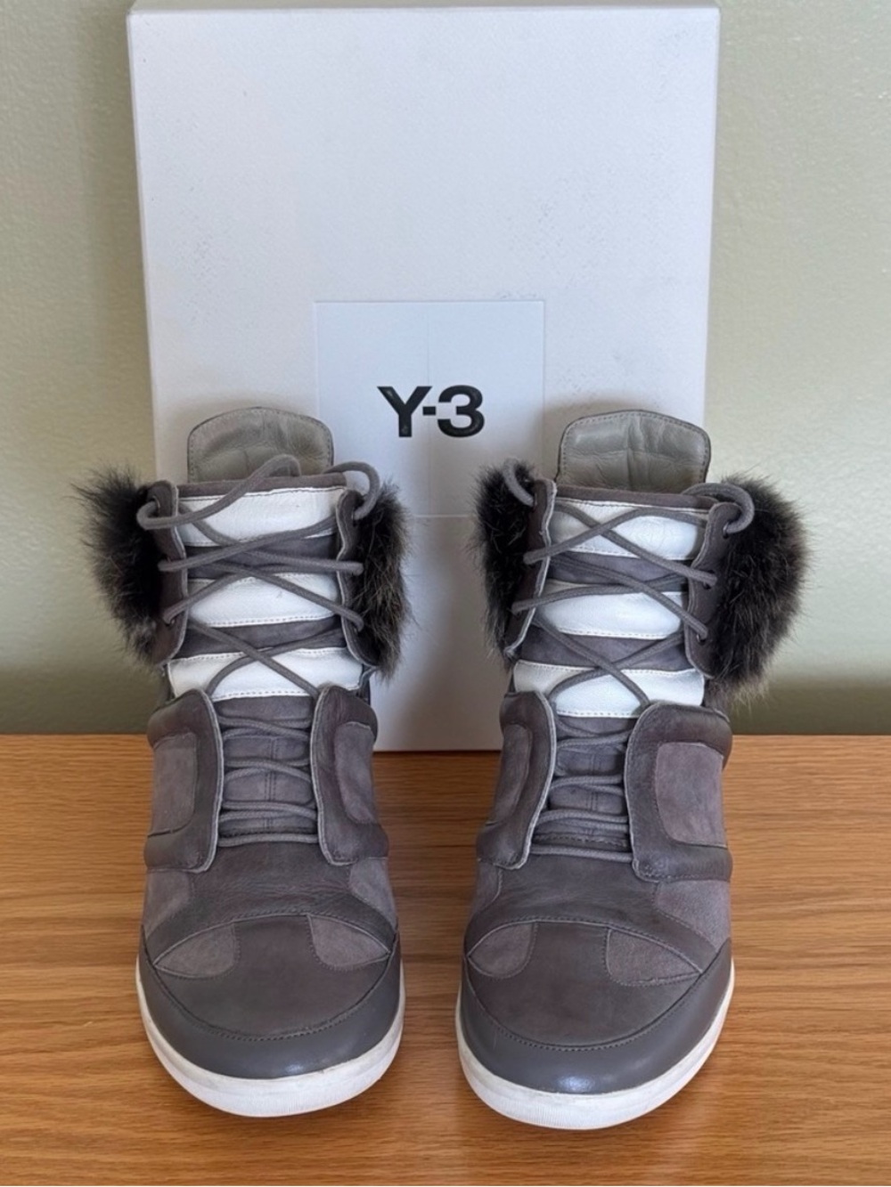 Y-3 Gray Fur Wedge Sneakers